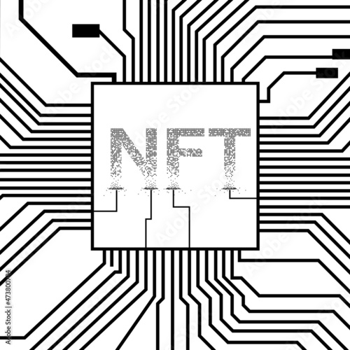 Crumbled NTF non fungible token with PCB tracks isolated on white. Website design element.