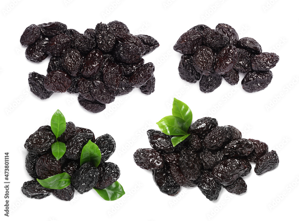 Set with sweet dried prunes on white background Set with sweet dried prunes on white background