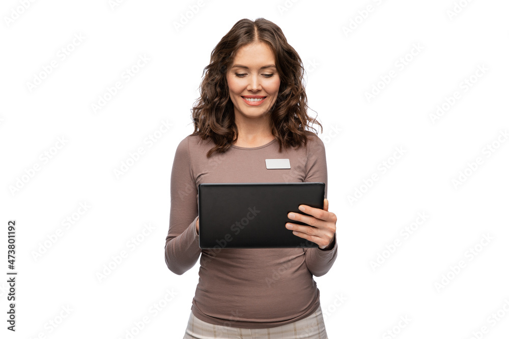 sale, shopping and business concept - happy female shop assistant with tablet pc computer name tag over white background sale, shopping and business concept - happy female shop assistant with tablet pc computer name tag over white background