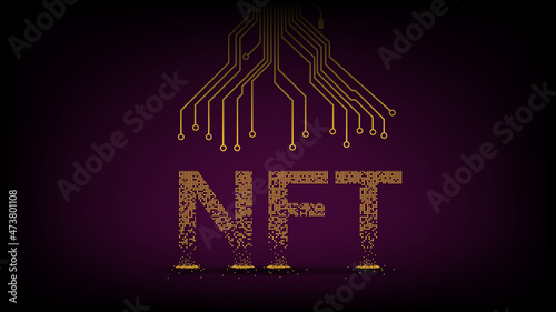 Crumbled text NTF non fungible token from falling golden cubes and PCB tracks on top. Fragmented text from yellow blocks. Website header or banner.