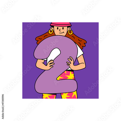 Cute pretty girl holding a number Two. Happy joyful young woman showing big number. Education, birhtday, celebrating achievements concept. Cartoon comic style. Hand drawn modern Vector illustration