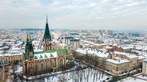 aerial view of Elzhbeta Church in lviv city