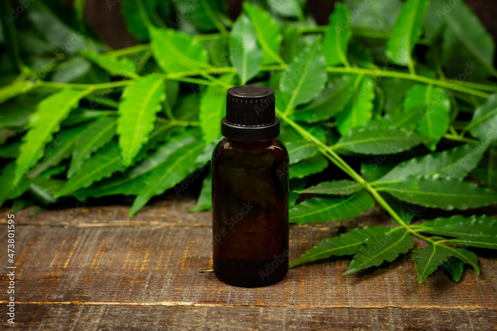 Neem oil in bottle and neem leaf with branch on wooden background. Neem oil in bottle and neem leaf with branch on wooden background.
