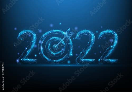 start new year 2022 low poly wireframe. Resolution and target number 2022. goal to achieve. vector illustration futuristic style. consisting of points, lines, and triangle. on blue dark background.