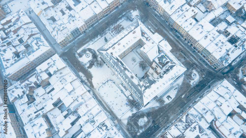 Fototapeta premium aerial view lviv city at winter misty day