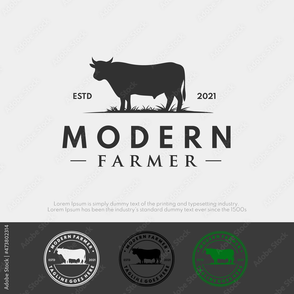 Obraz premium Set modern farmer logo design concept with silhouette cow