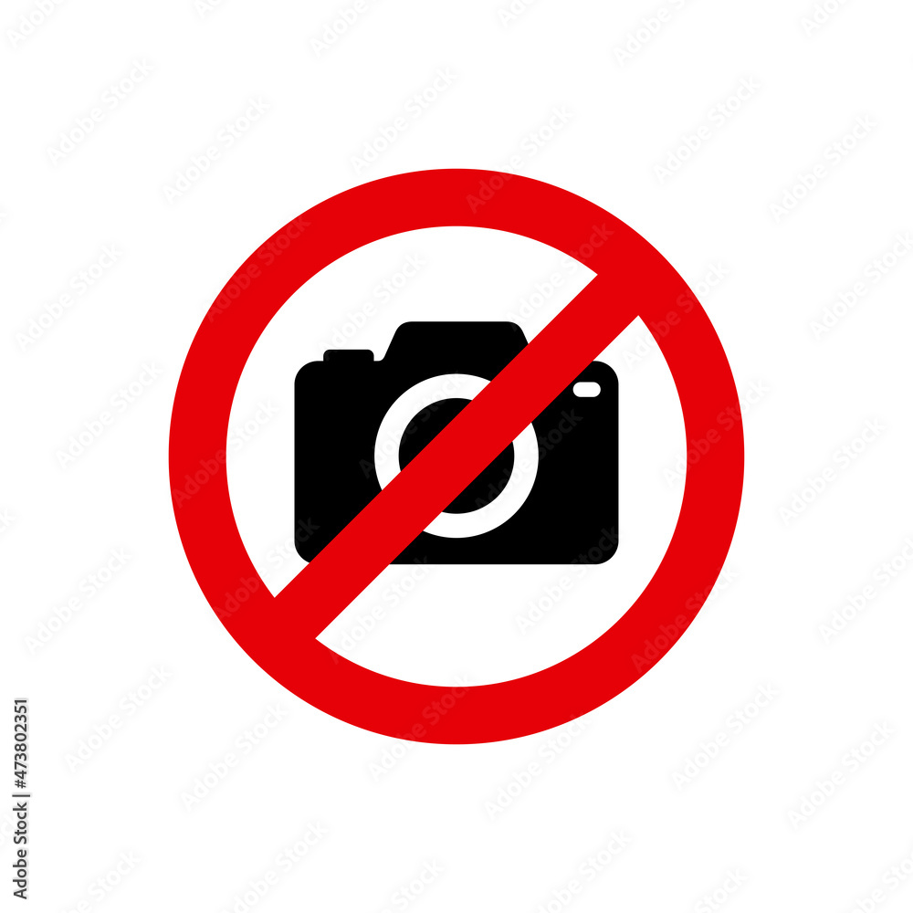 Sign prohibiting photography. Camera icon. You cannot take photographs. Round sticker with a red outline and a diagonal red line through it. Isolated raster illustration on white background. Sign prohibiting photography. Camera icon. You cannot take photographs. Round sticker with a red outline and a diagonal red line through it. Isolated raster illustration on white background.