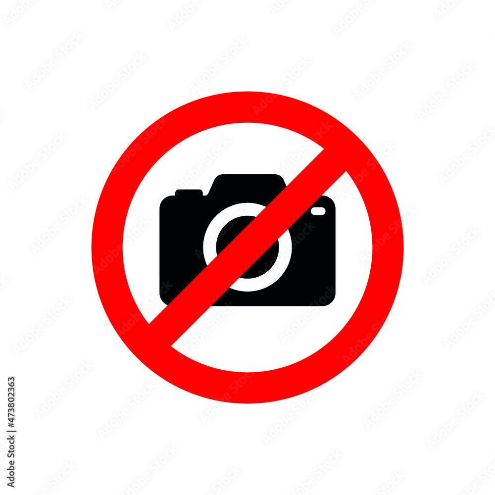 Sign prohibiting photography. Camera icon. You cannot take photographs. Round sticker with a red outline and a diagonal red line through it. Isolated vector illustration on white background. Sign prohibiting photography. Camera icon. You cannot take photographs. Round sticker with a red outline and a diagonal red line through it. Isolated vector illustration on white background.