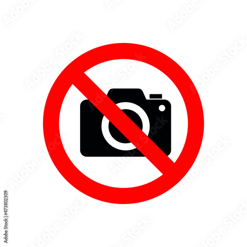 Sign prohibiting photography. Camera icon. You cannot take photographs. Round sticker with a red outline and a diagonal red line through it. Isolated vector illustration on white background.