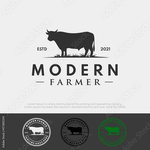 Set modern farmer logo design concept with silhouette cow