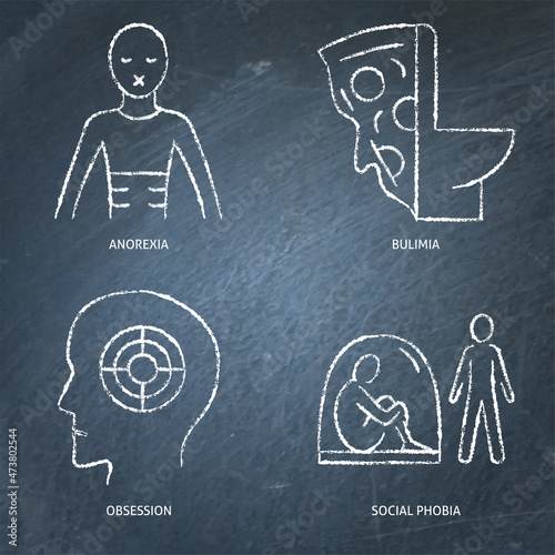 Chalkboard mental disorders icon set in line style