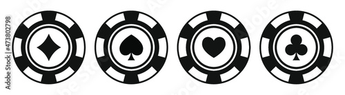 Poker chips black icons vector set. Playing poker concept. Isolated Casino poker chip logo. Poker symbols. Vector illustration.