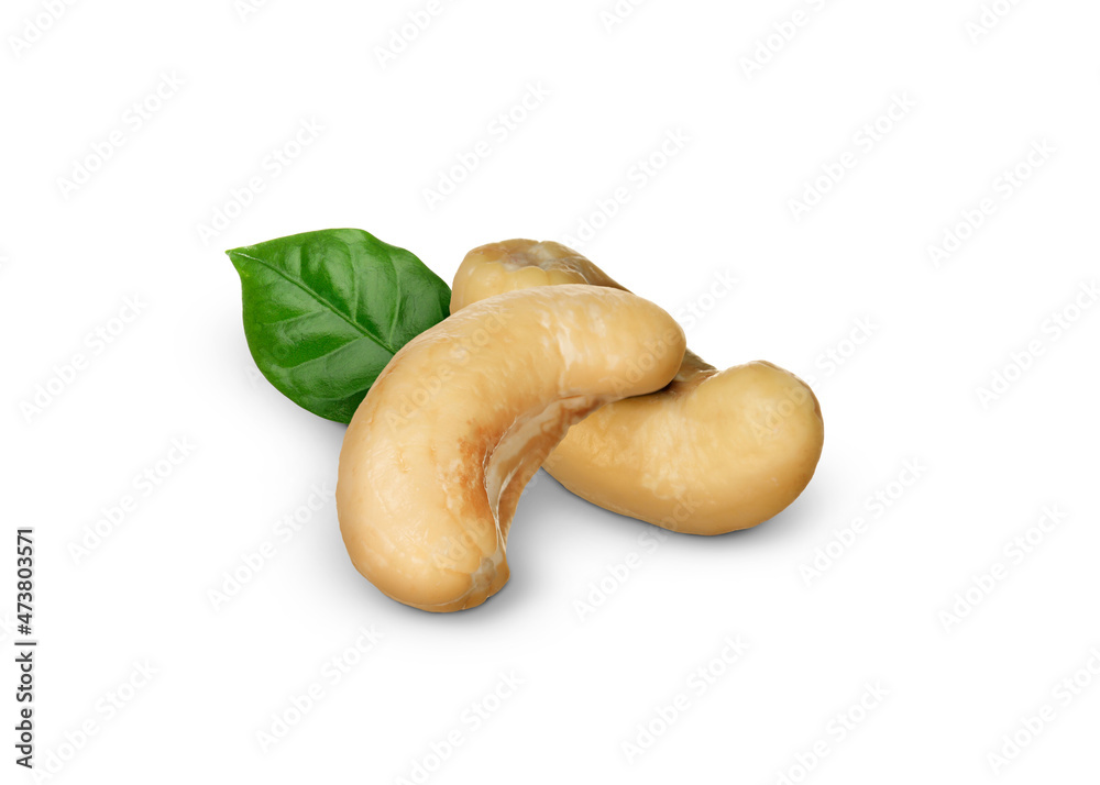 Tasty cashew nuts and fresh green leaf on white background Tasty cashew nuts and fresh green leaf on white background