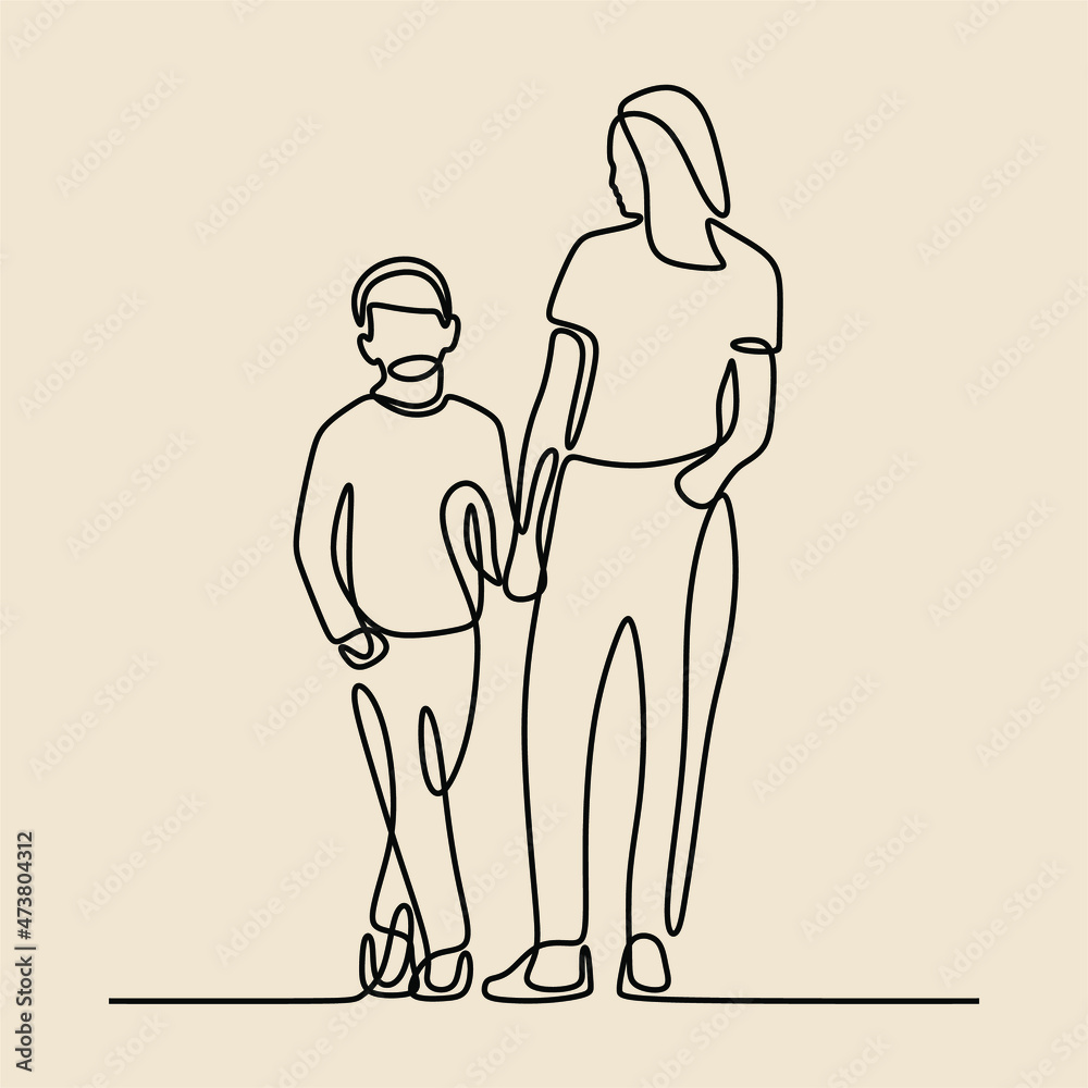 mom play with son oneline continuous single line art