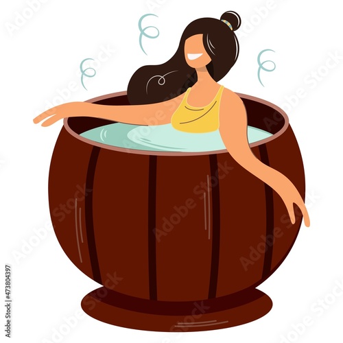 Woman sitting in a jacuzzi. Trendy vector design isolated illustration. Happy girl takes spa break and relaxes in home sauna with steam. Female character bathes in a wooden barrel. Flat style.