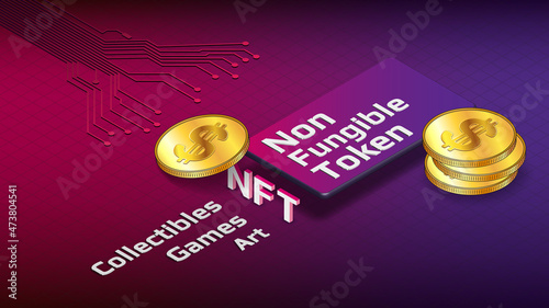 Isometric concept of earning dollars USD on NFT digital market on purple background with PCB tracks. NFT non fungible token with gold coins of dollars on cellphone. Banner or header.