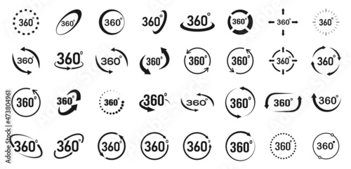 360 Degrees icon set. Arrows to indicate the rotation to 360 degrees. Stock vector illustration.