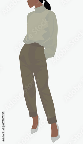 Girl in beige pants and a blouse. Vector flat image in a modern style. Business lady with dark hair. Design for cards, avatars, posters, textiles, templates.