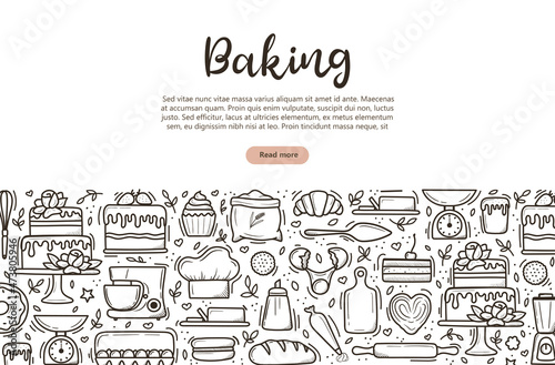baking banner. Cute hand drawn kitchen tools and baked goods with desserts. vector illustration in black outline and white plane on white background.