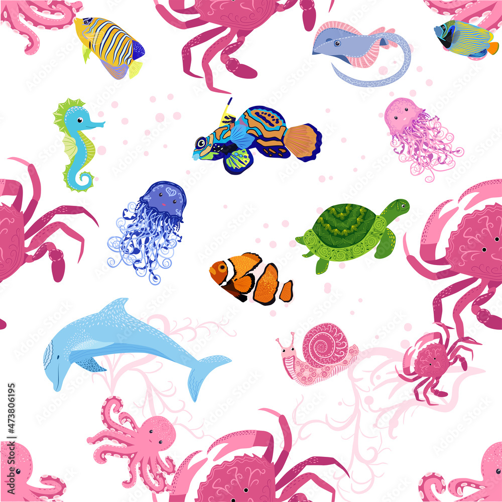 Naklejka premium Marine life, fish, animals bright seamless pattern. sea travel, underwater diving animal tropical fish. Jellyfish, whale, shark, seahorse, clown fish, dolphin, turtle, emperor