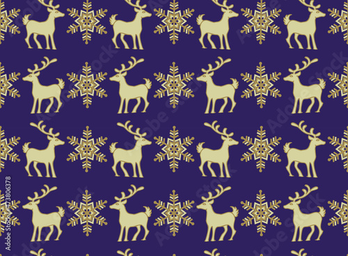 Christmas seamless pattern, golden snowflakes and reindeer design elements
