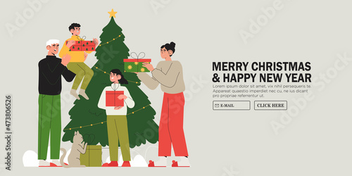 Happy family near christmas tree together give gifts or presents. Christmas and new year preparations banner, flyer, landing page. Trendy characters celebrate winter holidays and x-mas at home.