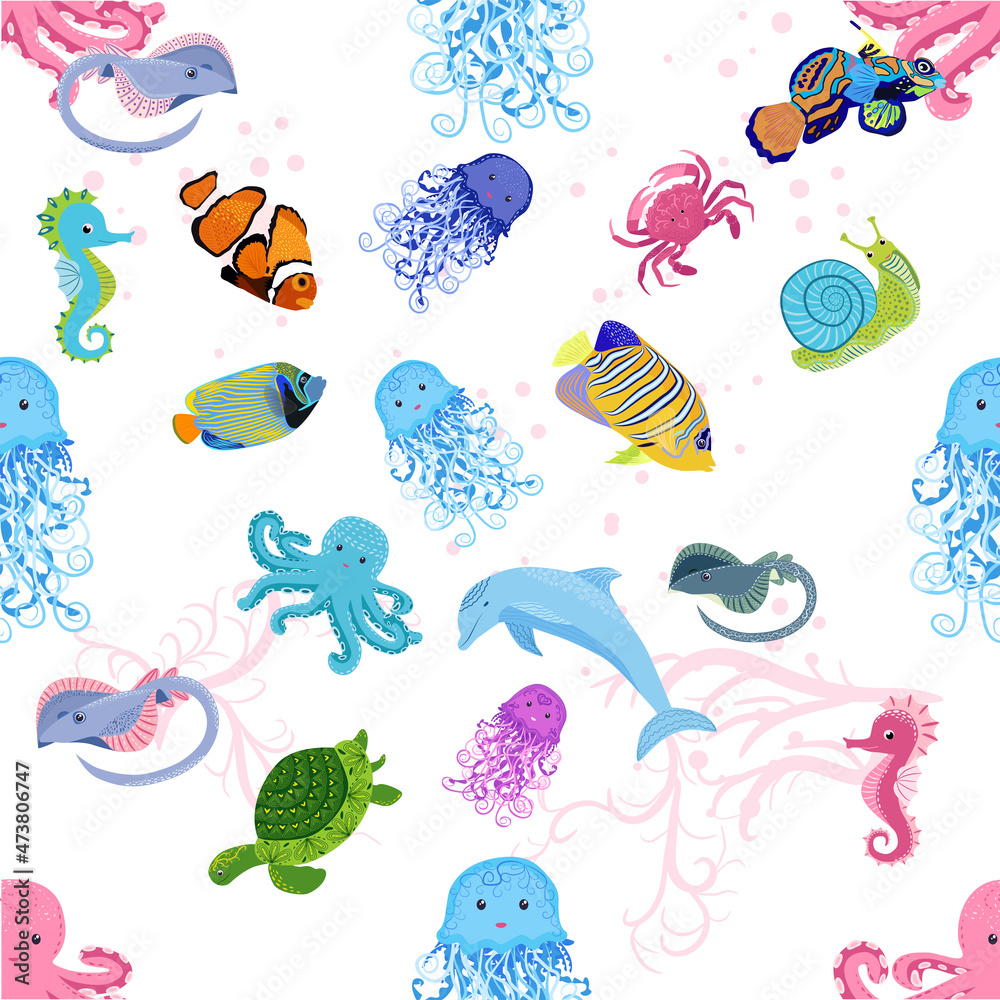 Marine life, fish, animals bright seamless pattern. sea travel, underwater diving animal tropical fish. Jellyfish, whale, shark, seahorse, clown fish, dolphin, turtle, emperor Marine life, fish, animals bright seamless pattern. sea travel, underwater diving animal tropical fish. Jellyfish, whale, shark, seahorse, clown fish, dolphin, turtle, emperor