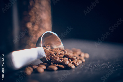 Fresh coffee beans, coffee kettle, coffee cup