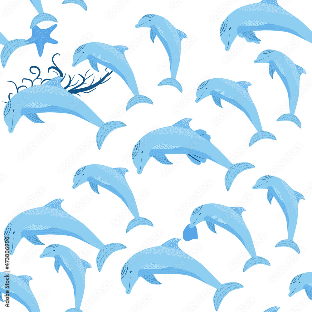 Dolphin, sea inhabitants seamless pattern, beautiful character among seashells, algae, starfish, marine wildlife Dolphin, sea inhabitants seamless pattern, beautiful character among seashells, algae, starfish, marine wildlife