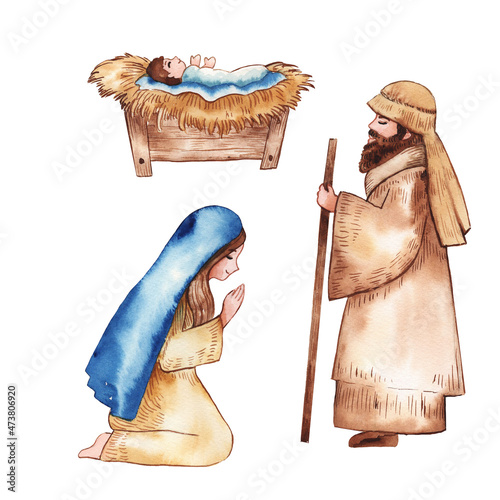 Fotografie Christmas nativity scene of Joseph and Mary holding baby Jesus, hand drawn water
