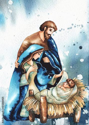 Christmas nativity scene of Joseph and Mary holding baby Jesus, hand drawn watercolor illustration
