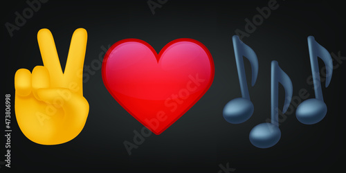 Peace Love and Music Illustration Emoji Design. Motivational Quote Emoticon Vector Symbol.
