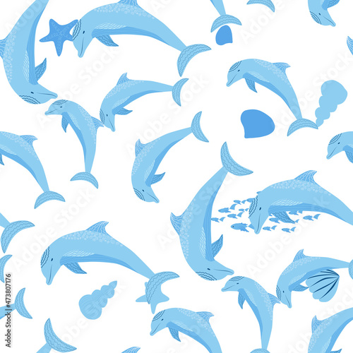 Dolphin  sea inhabitants seamless pattern  beautiful character among seashells  algae  starfish  marine wildlife