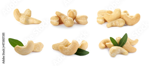 Set with tasty cashew nuts on white background. Banner design