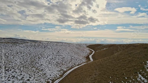 mountain road landscape with snow and sky