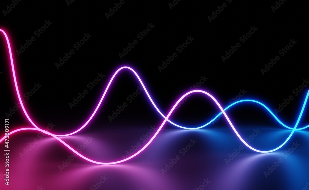 3D rendering of blue and purple neon waves, conceptualization of music, algorithm, technology and innovation 3D rendering of blue and purple neon waves, conceptualization of music, algorithm, technology and innovation