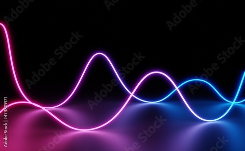 3D rendering of blue and purple neon waves, conceptualization of music, algorithm, technology and innovation
