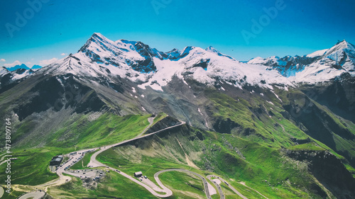 Aerial view of Grossglocker mountain peaks in summer season  drone viewpoint.