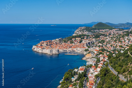 Aerial view of the old town Dubrovnik, blue sea and mountains, Croatia