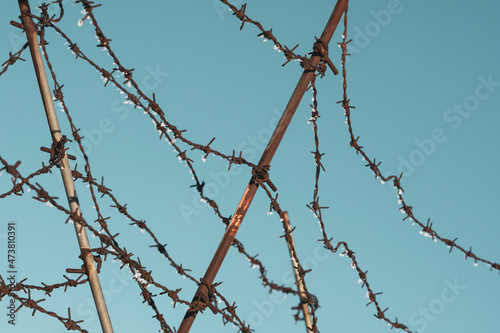 Barbed wire fence covered with frost winter time