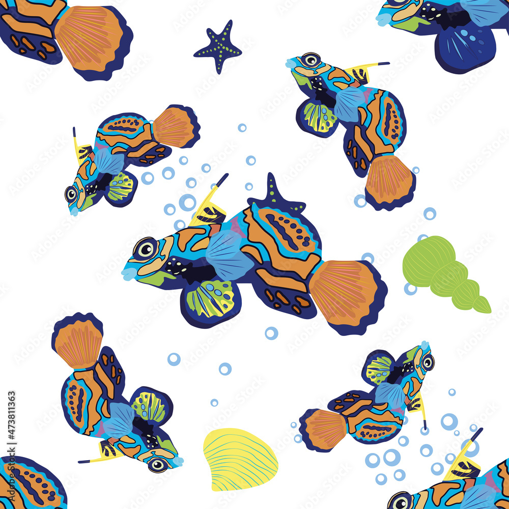 Obraz premium Mandarin fish seamless patterns. beautiful character among seashells, seaweed, starfish, sea animal wildlife character. Nature underwater, marine wild ocean zoo fish.