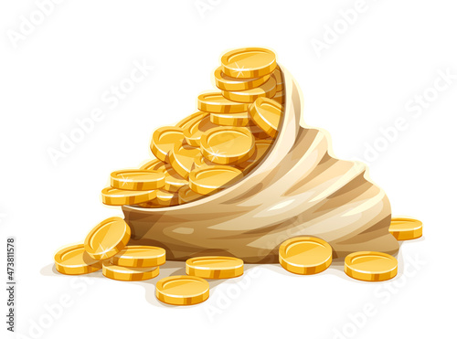 Gold coins in open sack cash money heap, Isolated on white transparent background. Eps10 vector illustration.