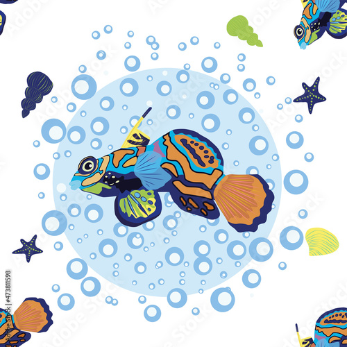 Mandarin fish seamless patterns. beautiful character among seashells, seaweed, starfish, sea animal wildlife character. Nature underwater, marine wild ocean zoo fish. photo