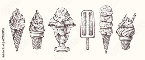 Vector hand drawn ice cream illustration in vintage engraved style. Different types of ice cream. Dessert, sweets, menu design, restaurant, shop. Isolated on white background.