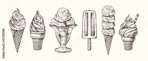 Vector hand drawn ice cream illustration in vintage engraved style.  Different types of ice cream. Dessert, sweets, menu design, restaurant, shop. Isolated on white background.