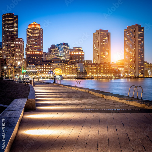 The architecture of Boston in Massachusetts, USA at Boston Harbor and Financial District.
