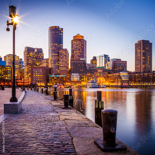 The architecture of Boston in Massachusetts, USA at Boston Harbor and Financial District.