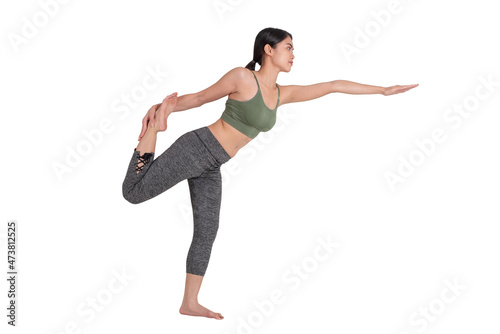Young sporty attractive Asian women practicing yoga at home, isolated on white background