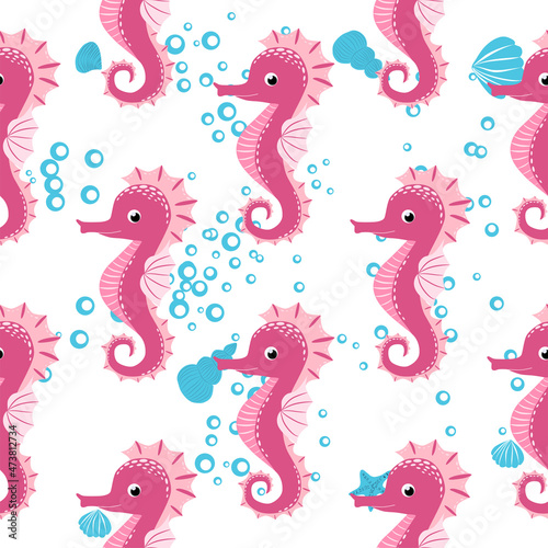 Seahorse  sea inhabitants seamless pattern  beautiful character among seashells  seaweed  starfish  marine