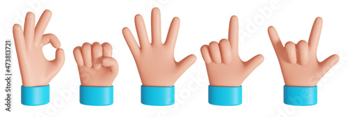 Back view cartoon hand showing gestures. Rock, ok and pointed finger signs. 3D rendered image.